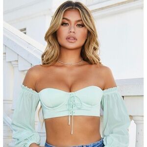 NWOT Oh Polly Off-Shoulder Lace-Up Crop Top in Mint Green - size US 4